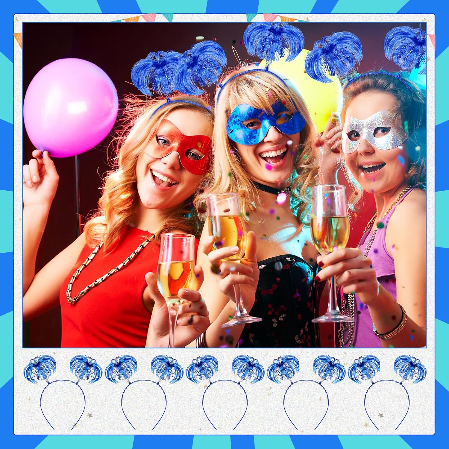 Jexine 12 Pcs Pompom Headband Hair Tinsel Hair Accessory Wrapped Ponytail Headwear Feather Headband for Women Cos(Blue) - Image 5