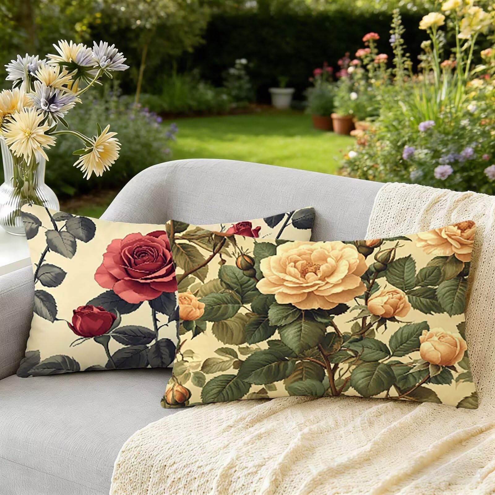Coussin exterieur impermeable rose 25x45 cm lot de 2 en lin retro pour decoration salon de jardin