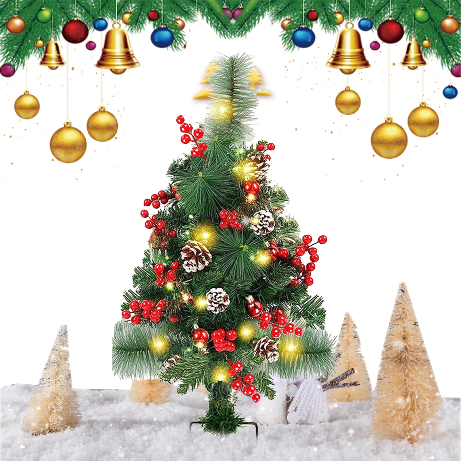 Árbol de Navidad para exteriores de 60 cm decorado con piñas y luces LED navideñas