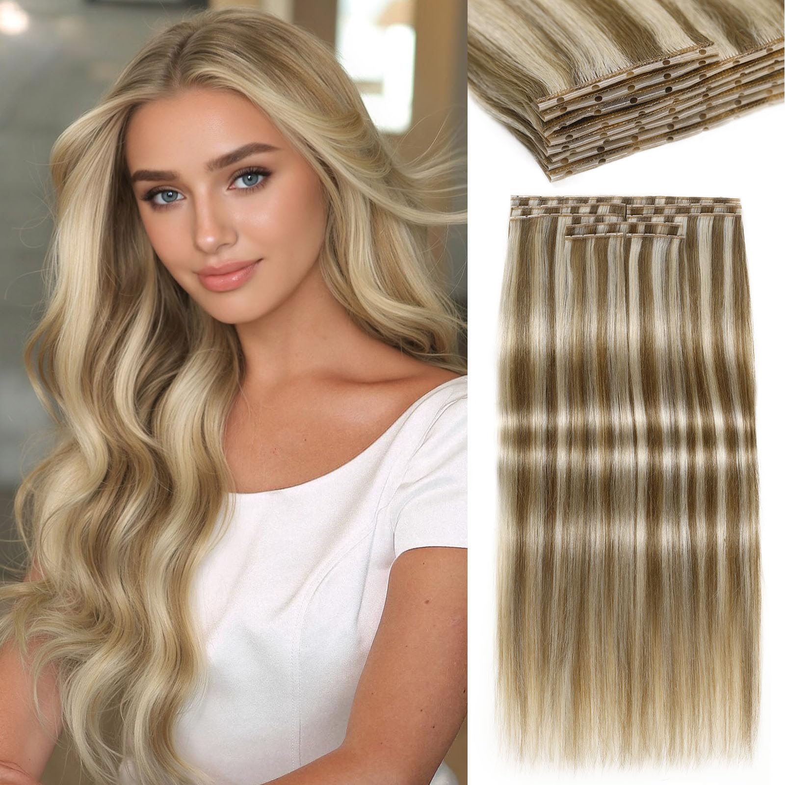 Photo 1 of LADY MIRANDA 20 Inch Micro Beads Hair Extensions 100g 8PCS Double Weft Human Hair Extensions Reusable Seamless Weft & Handmade Wefts for Effortless Volume(9A/60, 20 Inch)