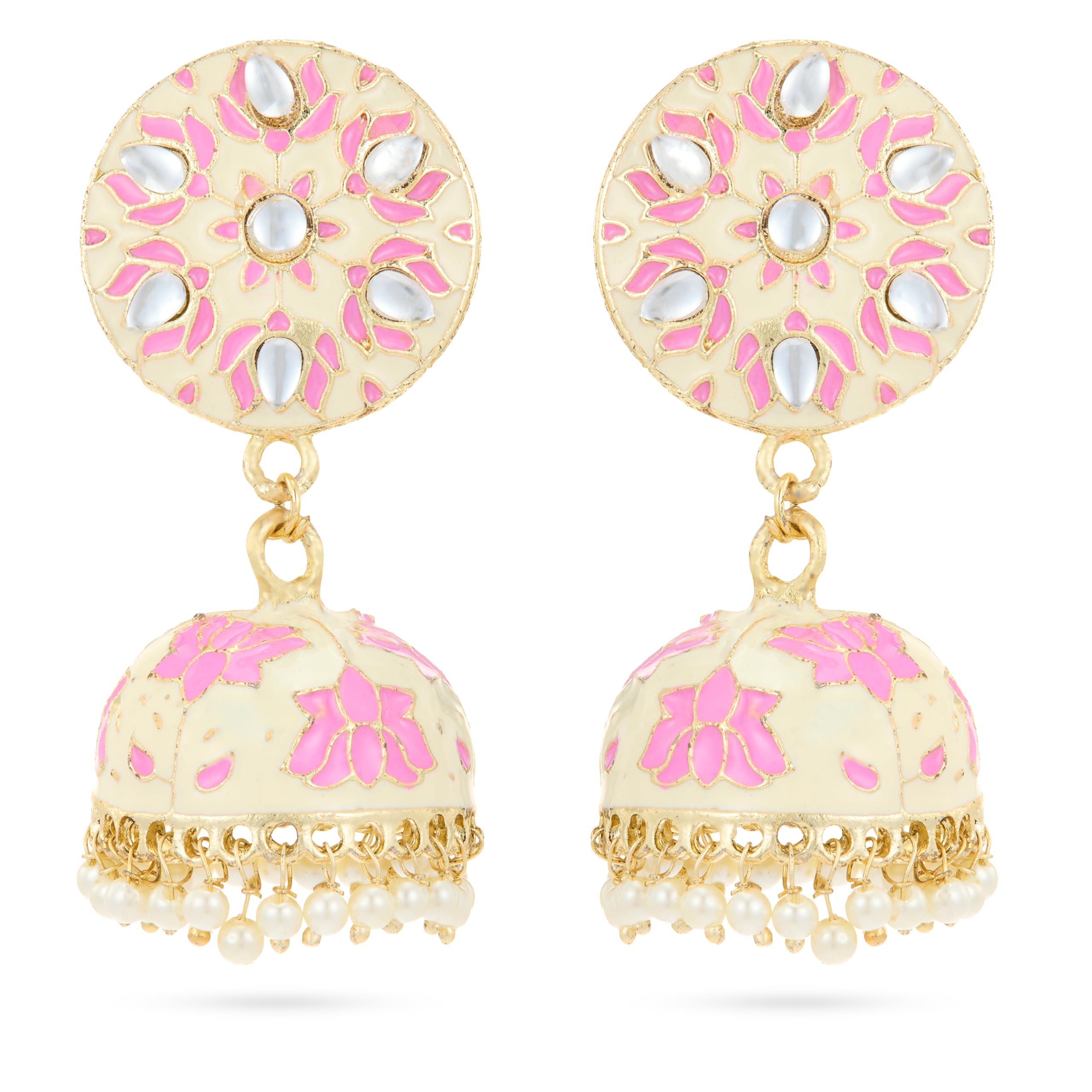 rubans Off-White Pink Enamel Kundan Jhumkas with Pearls For Women-picture-33