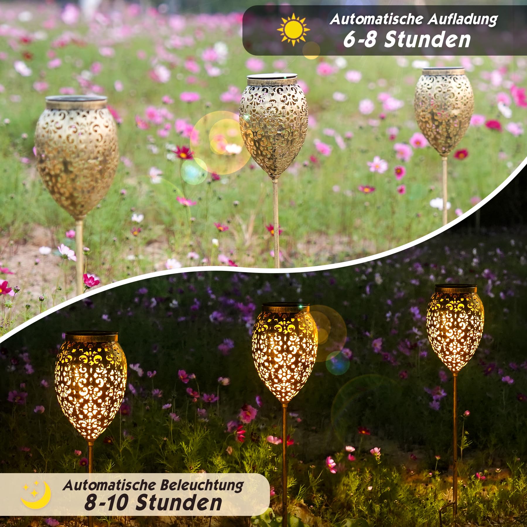 JOYCREATOR Solarlampen für Außen Garten 4 Stück, Orientalische Garten Solarleuchten für Außen Metall IP65 Wasserdicht, LED Gartenleuchten Solar Bronze 52/69 cm mit Erdspieß für Balkon Terrasse