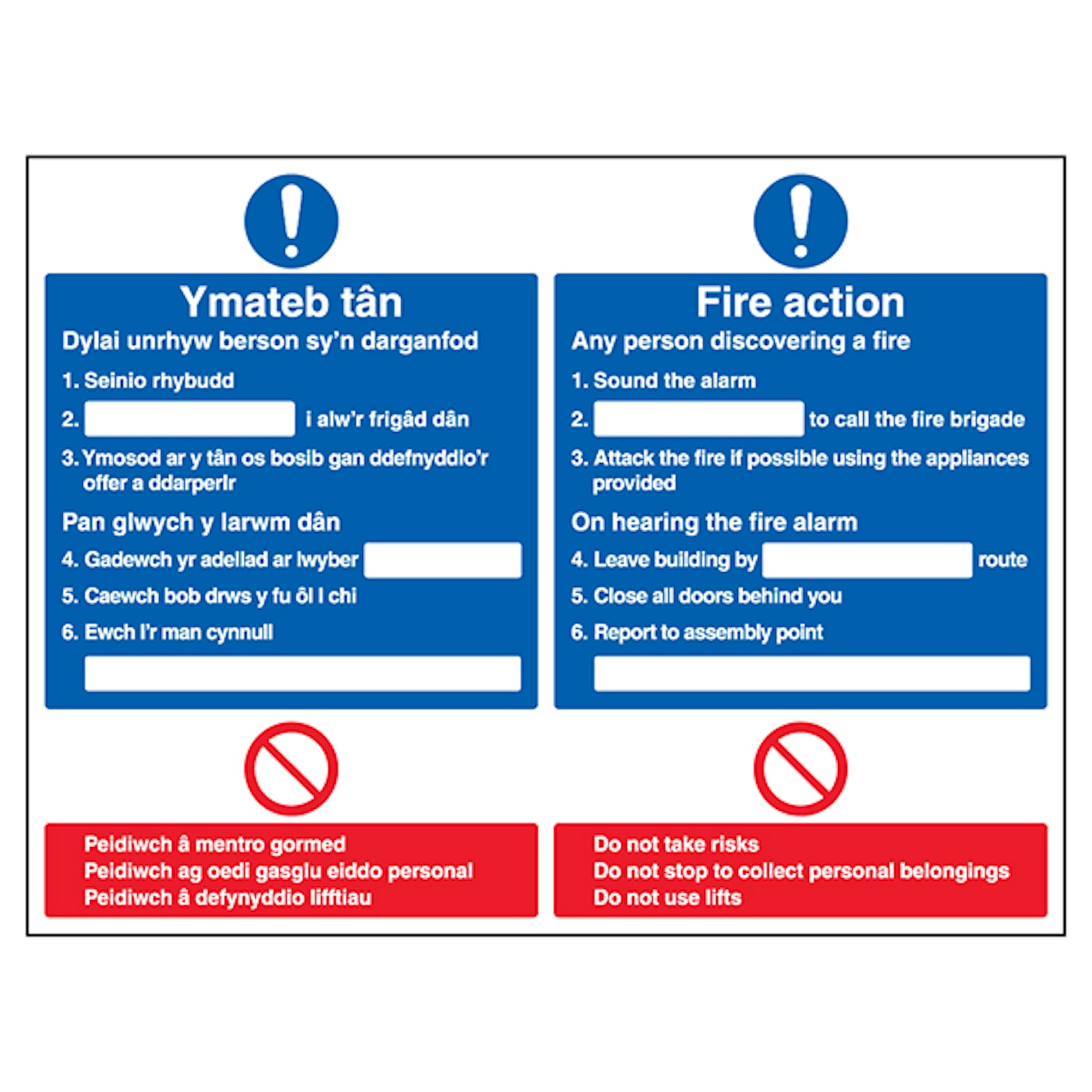 V Safety Welsh/English - Fire Action - Any Person Discovering A Fire 600 x 450 mm - 3mm Aluminium Composite Safety Sign