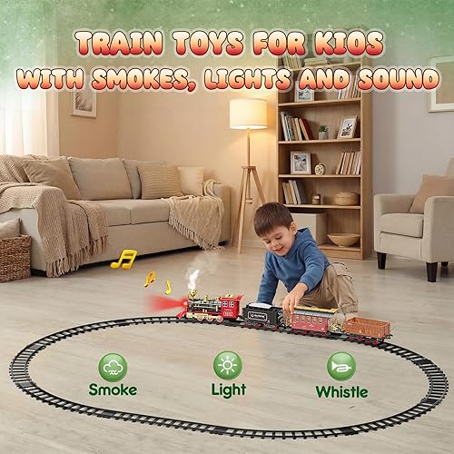 Miniatura 3 de Hot Bee Juego de tren – Juguetes de tren para niños con humo, luces y sonido, pistas, tren de juguete con locomotora de vapor, coches de carga