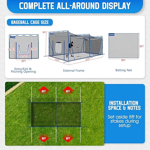 Miniatura 5 de Jaula de béisbol y sóftbol de 20 x 10 x 9 pies con red de golpeo, red de doble cara de 7 capas para batear, lanzar, campo, marco de metal resistente