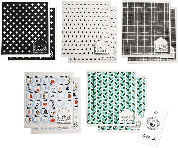 SIMPLYCASA Swedish Dishcloth Sponge Pack of 10, Eco-Friendly 100% Biodegradable Cellulose Sponge Cleaning Cloths, Kitchen Cloths, Cloth Made from Germany