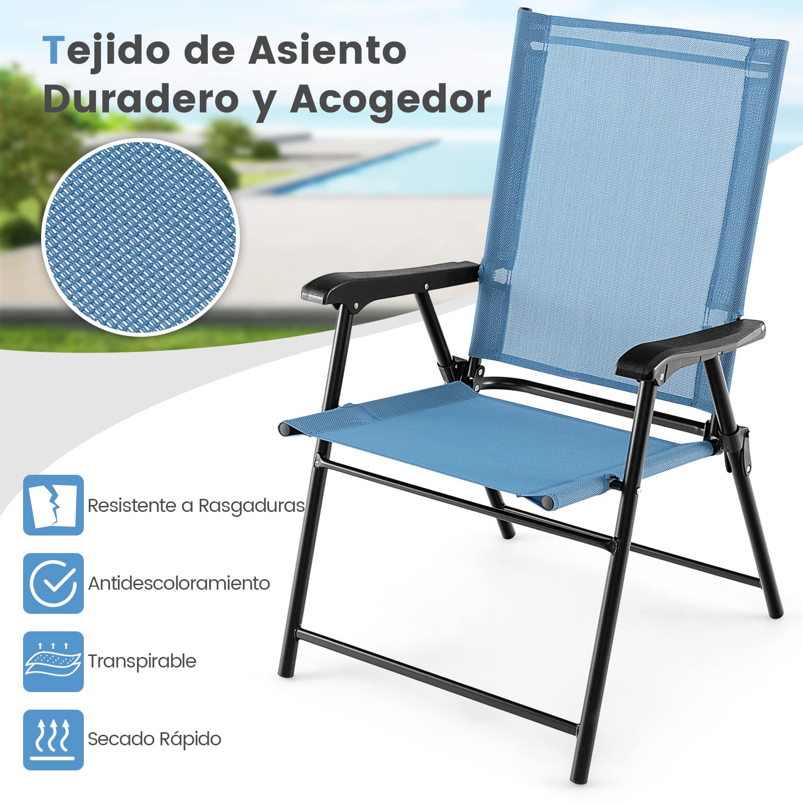 COSTWAY Set de 2 Sillas de Jardin Plegable, Silla Plegable Camping con Respaldo de Tela y Resabrazos, 2 Sillas Terraza Exterior, 65 x 60 x 93 cm, Terraza, Patio Trasero, Piscina Camping (Azul)
