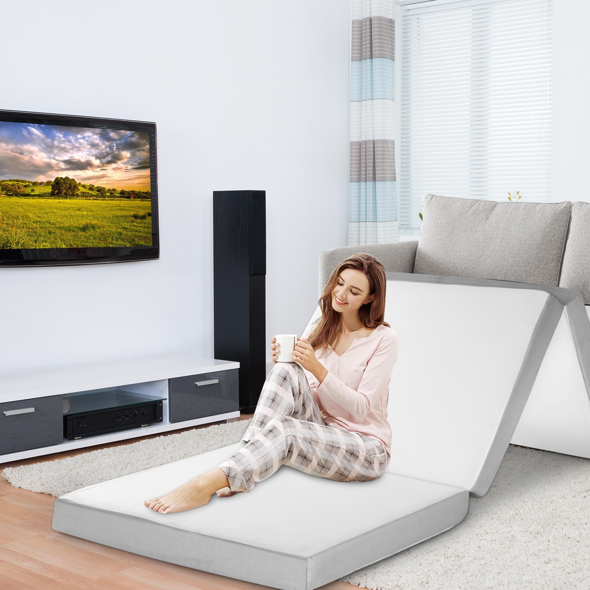 Rengue Memory Foam Folding Mattress, 75″ x 38″ x 4″, Tri-Fold Foam Mattress Twin, Portable Foldable for Guest Bed & Camping, Grey