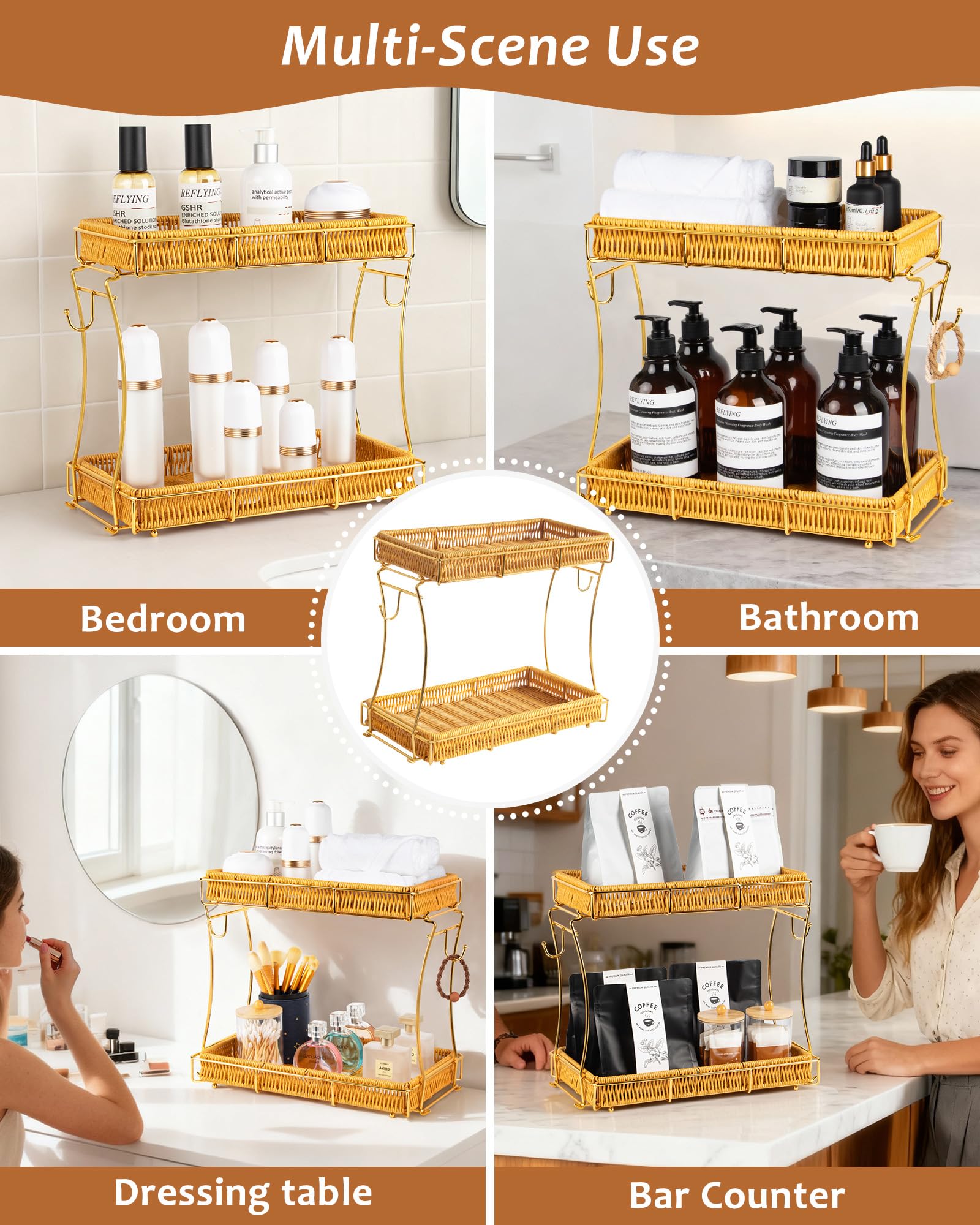 REFLYING Organizador de Baño 2 Niveles Desmontable, Organizador para Maquillaje y Perfumes,Estilo Ratán para Tocador, Almacenaje de Baño Dormitorio o Rincón de Café (Dorado)