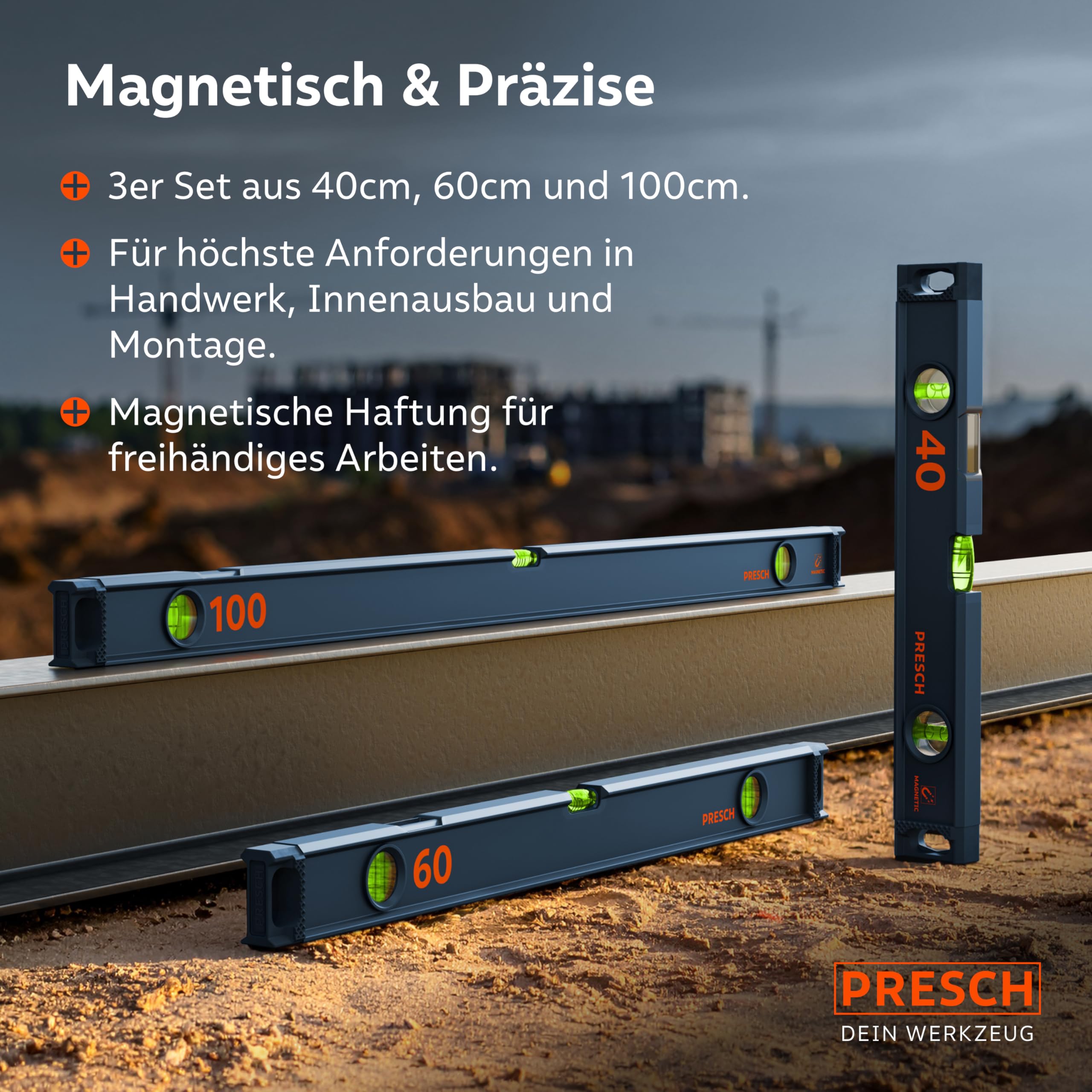 Presch Wasserwaagen Set 3tlg. magnetisch 40cm 60cm 100cm Bruchfeste Weitwinkellibelle 2% Gefälle-Anzeige Vertical-View-Funktion Rutsch-Stopp-Endkappen