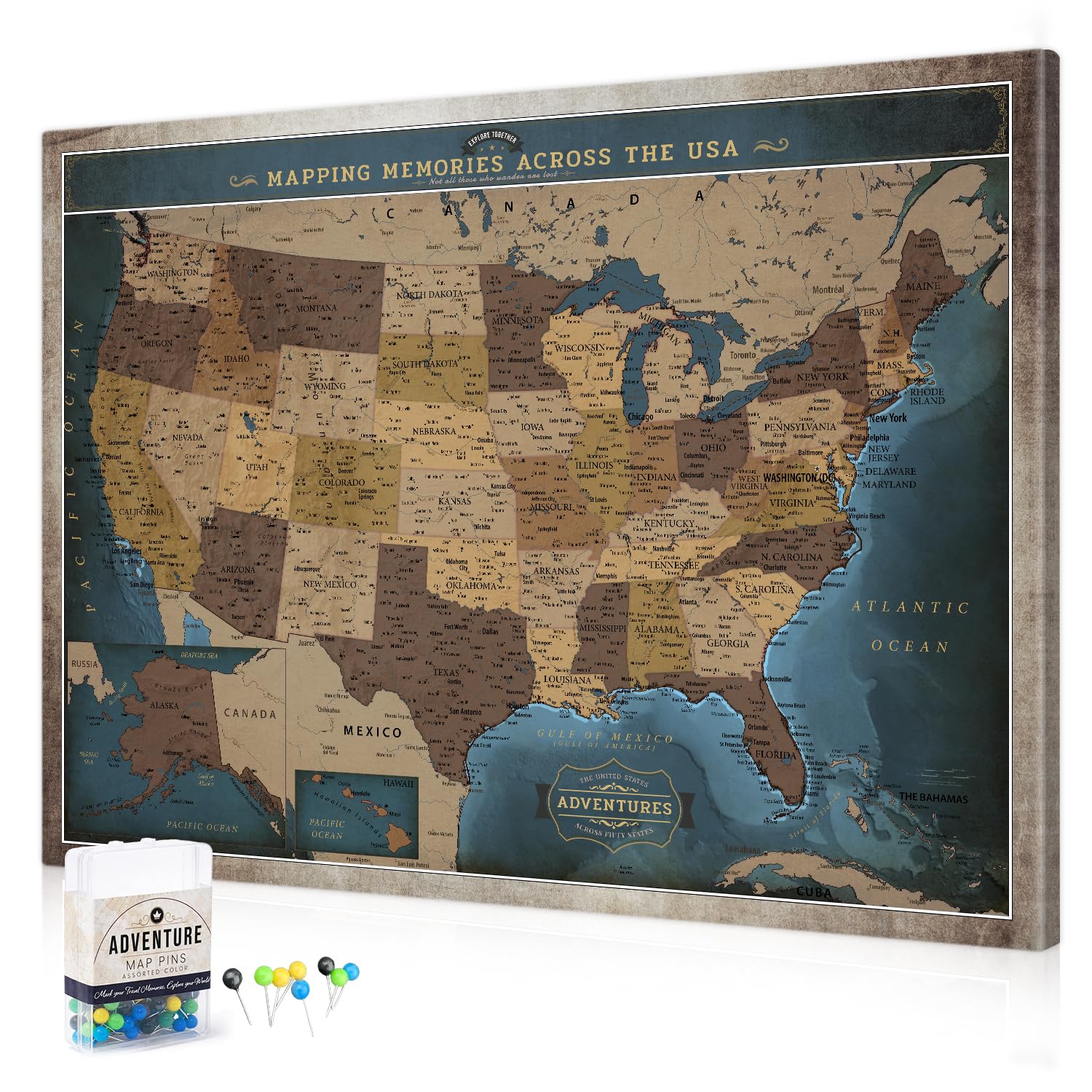 DECORARTS USA Travel Map with Pins, Deep Blue USA Map Pin Board, 40x30'' | US Map for Travel Tracking, Push Pin Travel Map for Living Room Bedroom Home Office Decor, Ready to Hang