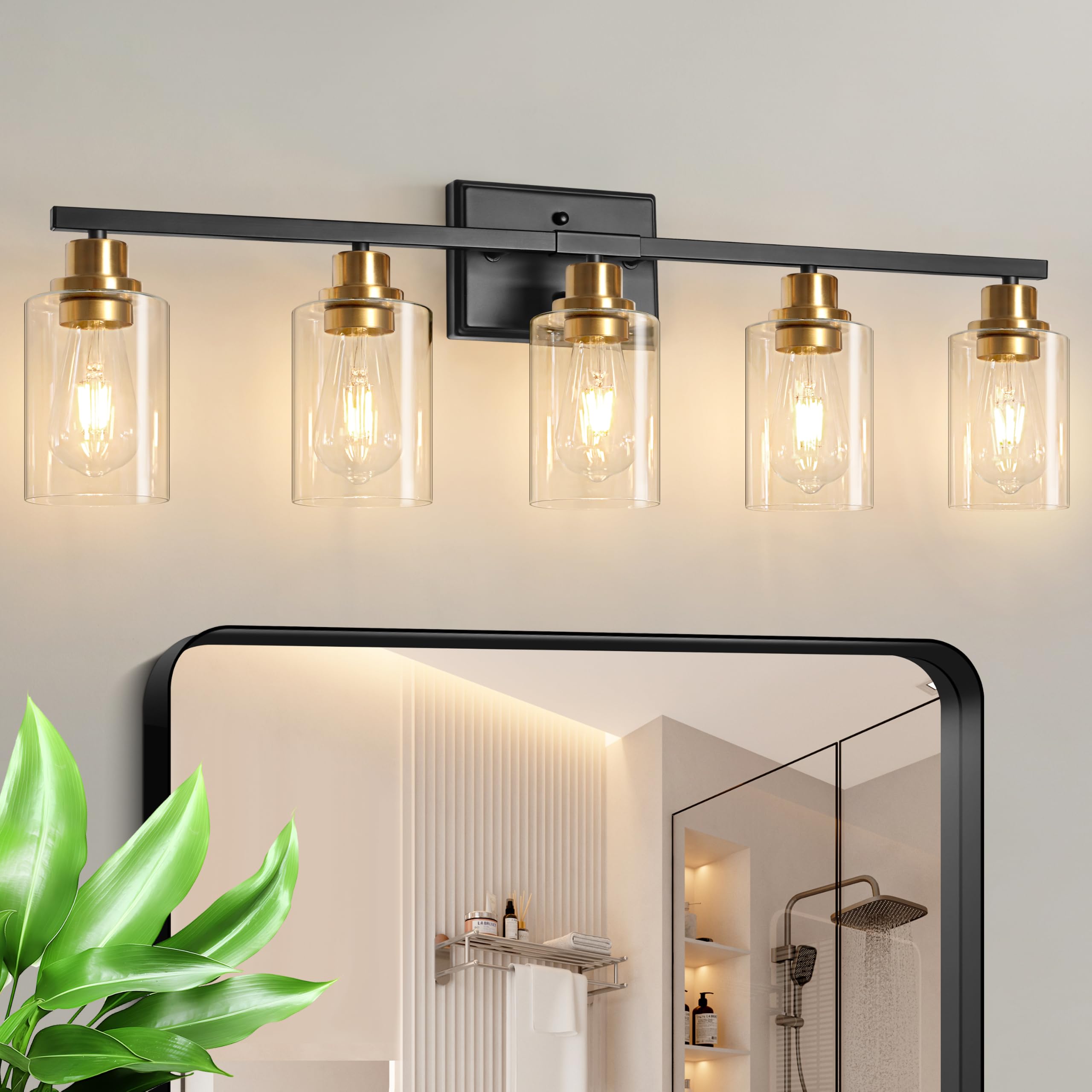 Unicozin Modern Bathroom Light Fixtures, 5 Light Vanity Lights Over Mirror, Black and Gold Wall Lamp with Clear Glass for Living Room Cabinet Bedroom Porch