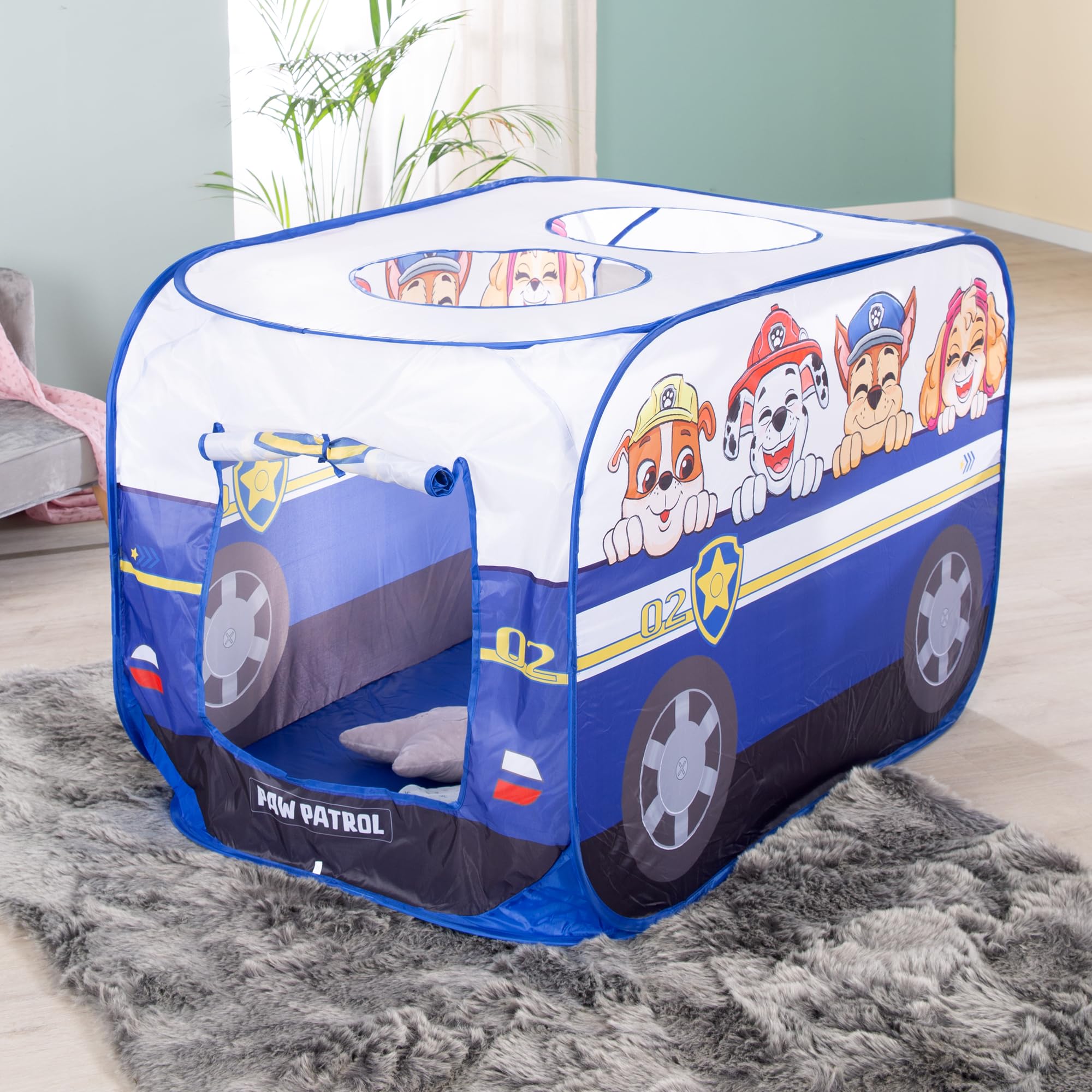 roba Paw Patrol Tienda de Juego - Carpa Infantil en Forma de Coche de Policía - Función Plegable + Bolsa de Transporte - Diseño de Perros Chase, Marshall, Rubble, Skye - Azul/Blanco