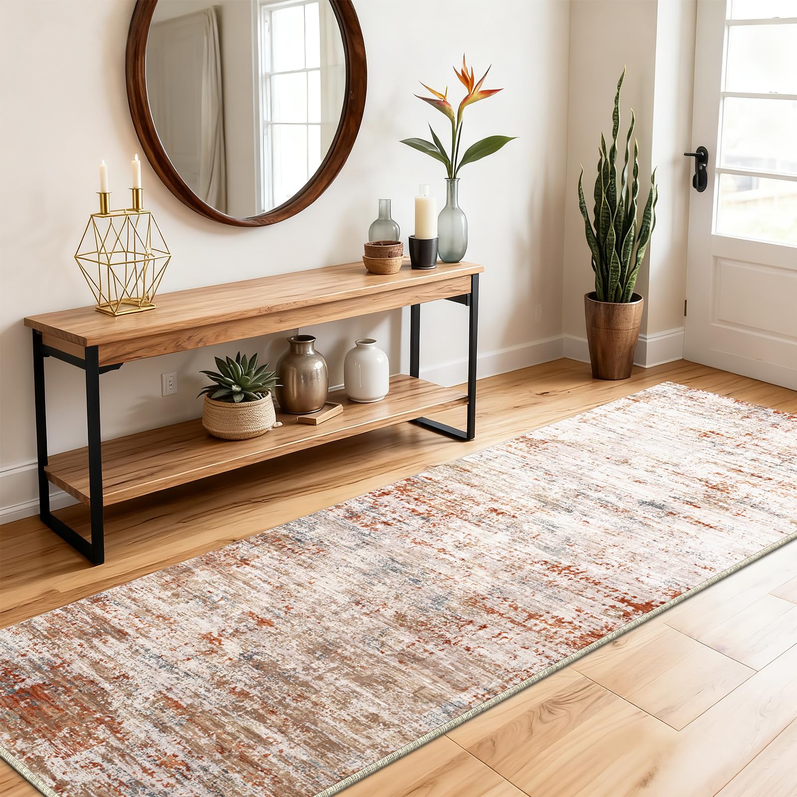 SOANNY Runner Rug, 60x180 cm Abstract Low Pile Carpet, Non-Slip Washable Area Mat for Bedroom, Hallway, Kitchen, Laundry, Entryway, Utility, Beside Sofa, Office, Rust Red — image 1