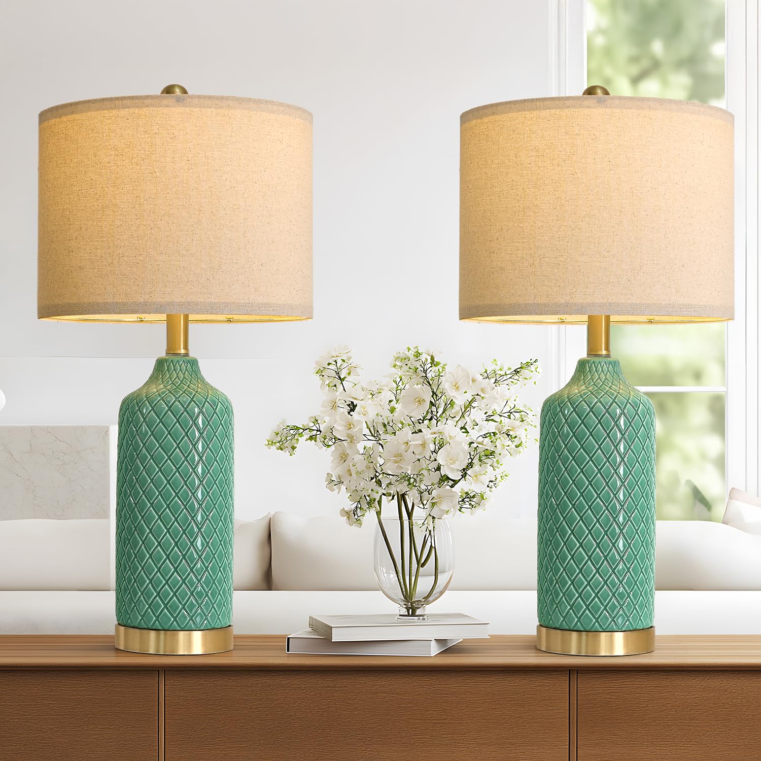 G-SAFAVA24.25 Modern Ceramic Green Table Lamps Set of 2 for Living Room, Farmhouse, Bedside, Bedroom, Side & End Tables Nightstand Light Home Office Desk Lamps Gifts
