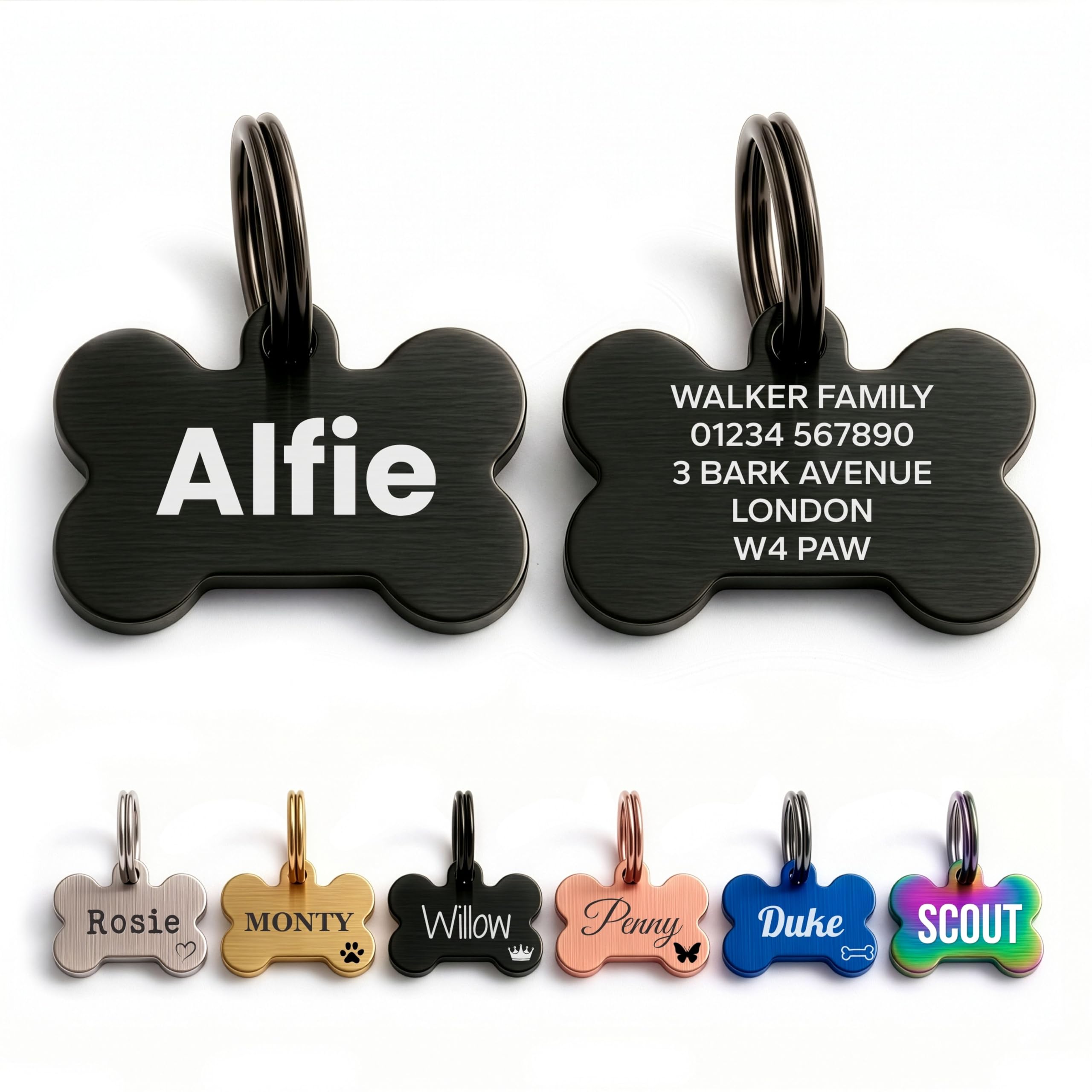 The Stately Hound Dog Tags for Pets Engraved UK, Black Bone, Large โ image 1