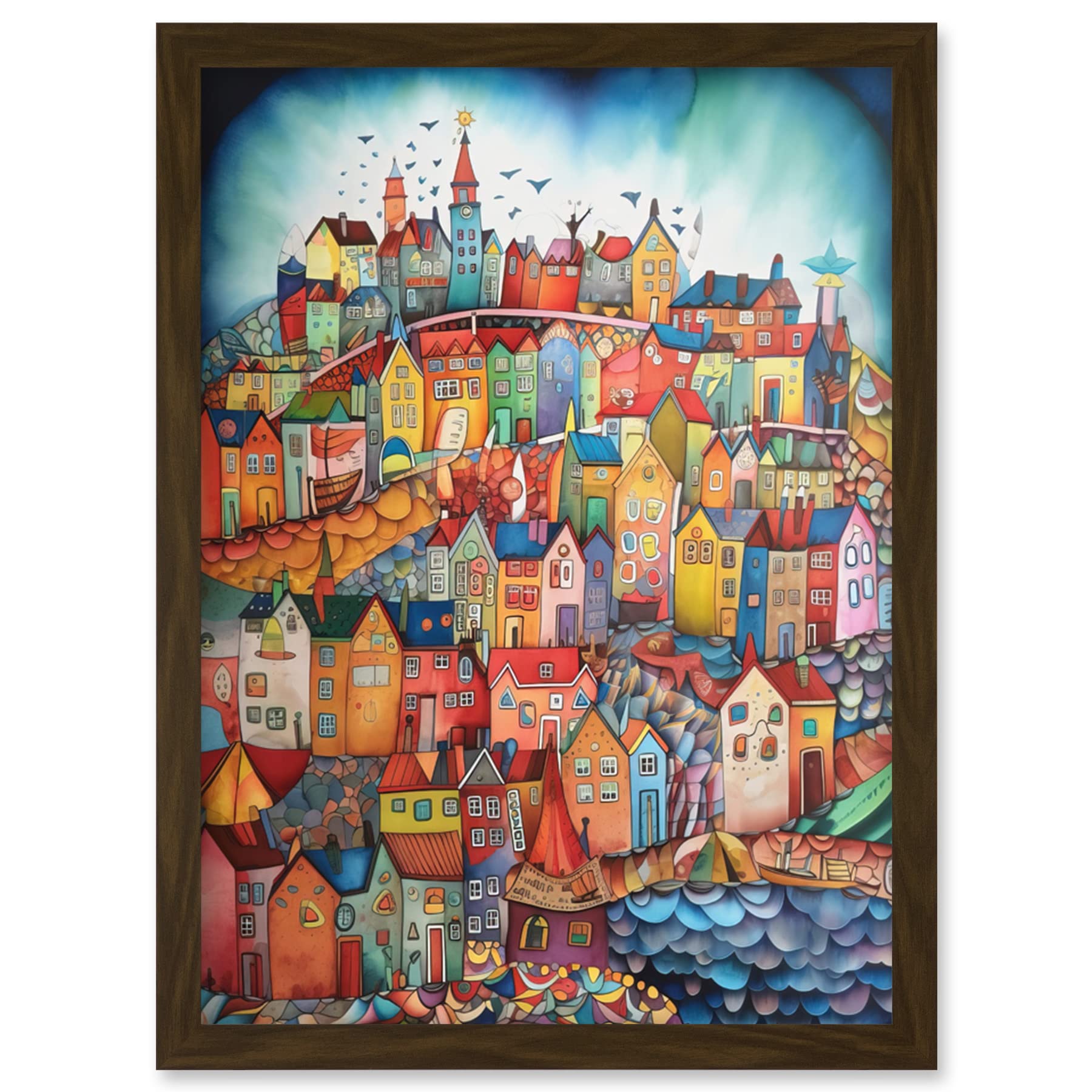 Artery8 Abstract Fishing Village Folk Art Artwork Framed Wall Art Print A4