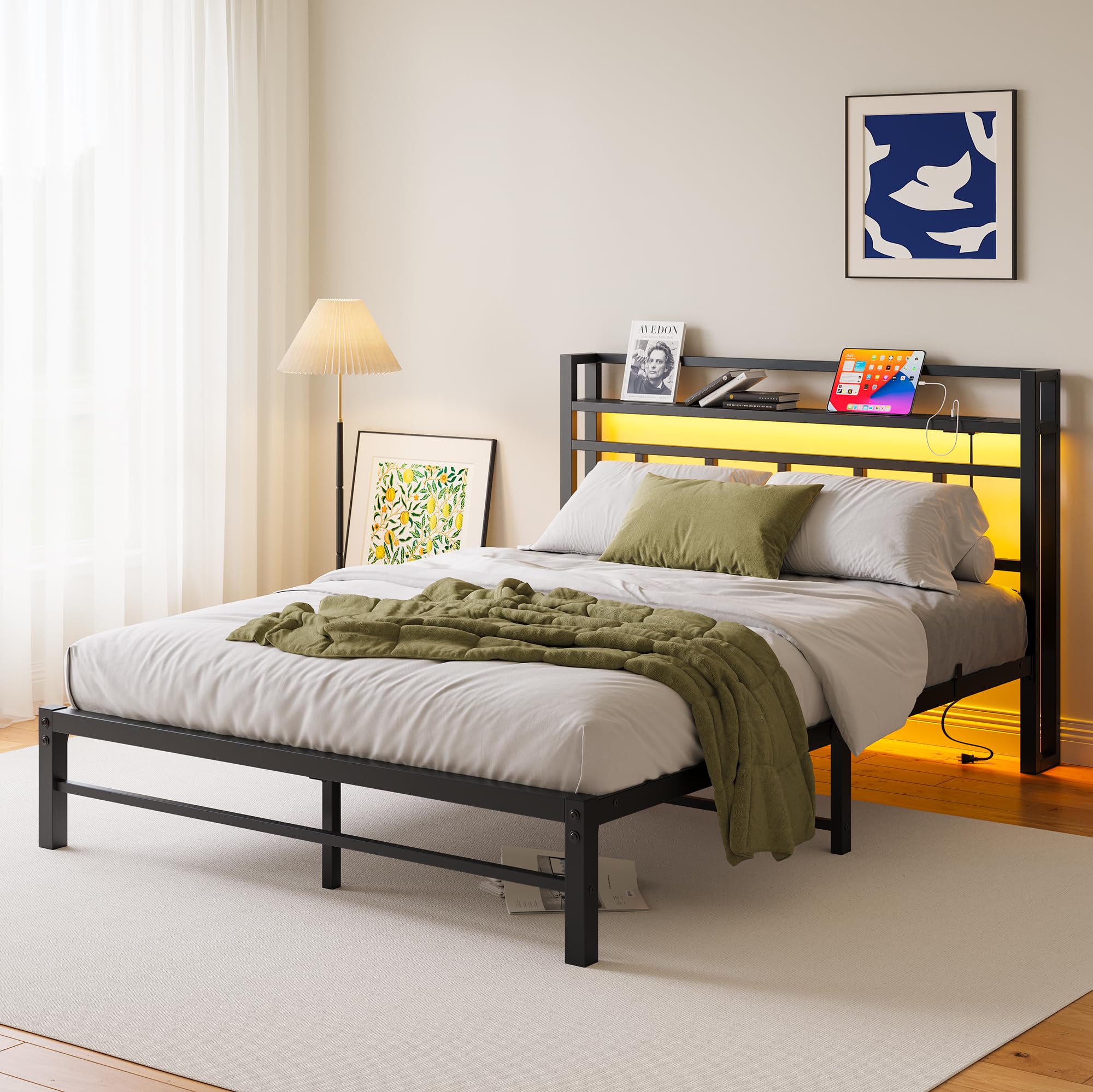 Maliacife Full Bed Frame with Storage Headboard,Metal Platform Double Bed Frame with Charging Station and LED Lights,Heavy Duty Steel Slats,Mattress Foundation,No Box Spring Needed,Easy Assembly,Black