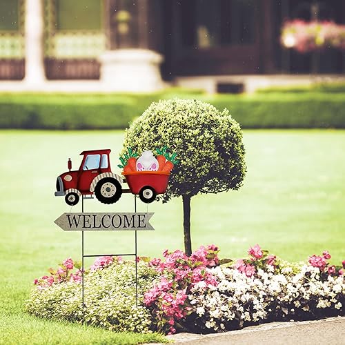 Miniatura 7 de Estaca de metal vintage para patio con letreros de temporada, letrero de bienvenida de Pascua de metal para exteriores, feliz Navidad, 4 de julio,