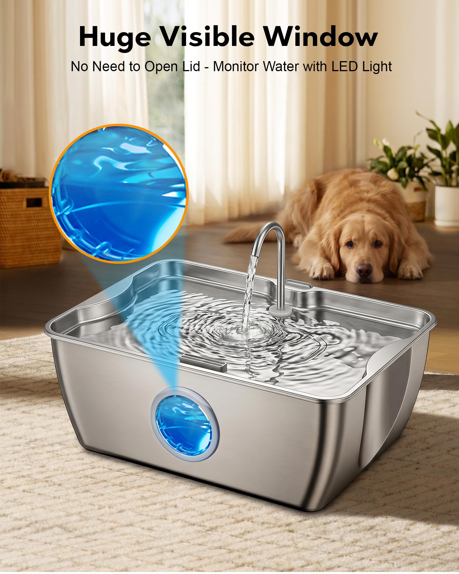 CEESC Fuente de agua para perros de acero inoxidable de 12L/3.2 galones con asas fáciles de transportar, dispensador automático de agua para mascotas con ventana visible y luz LED para perros grandes