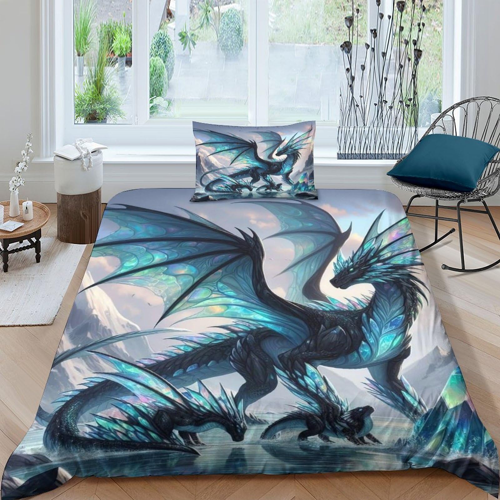 TNFHSOFT Flying Dragon Duvet Cover Set Kids Cool Animals Bedding Set for Boys Girls Adults 3 Pieces Quilt Cover Zipper Closure with Pillowcase Single（135x200cm）
