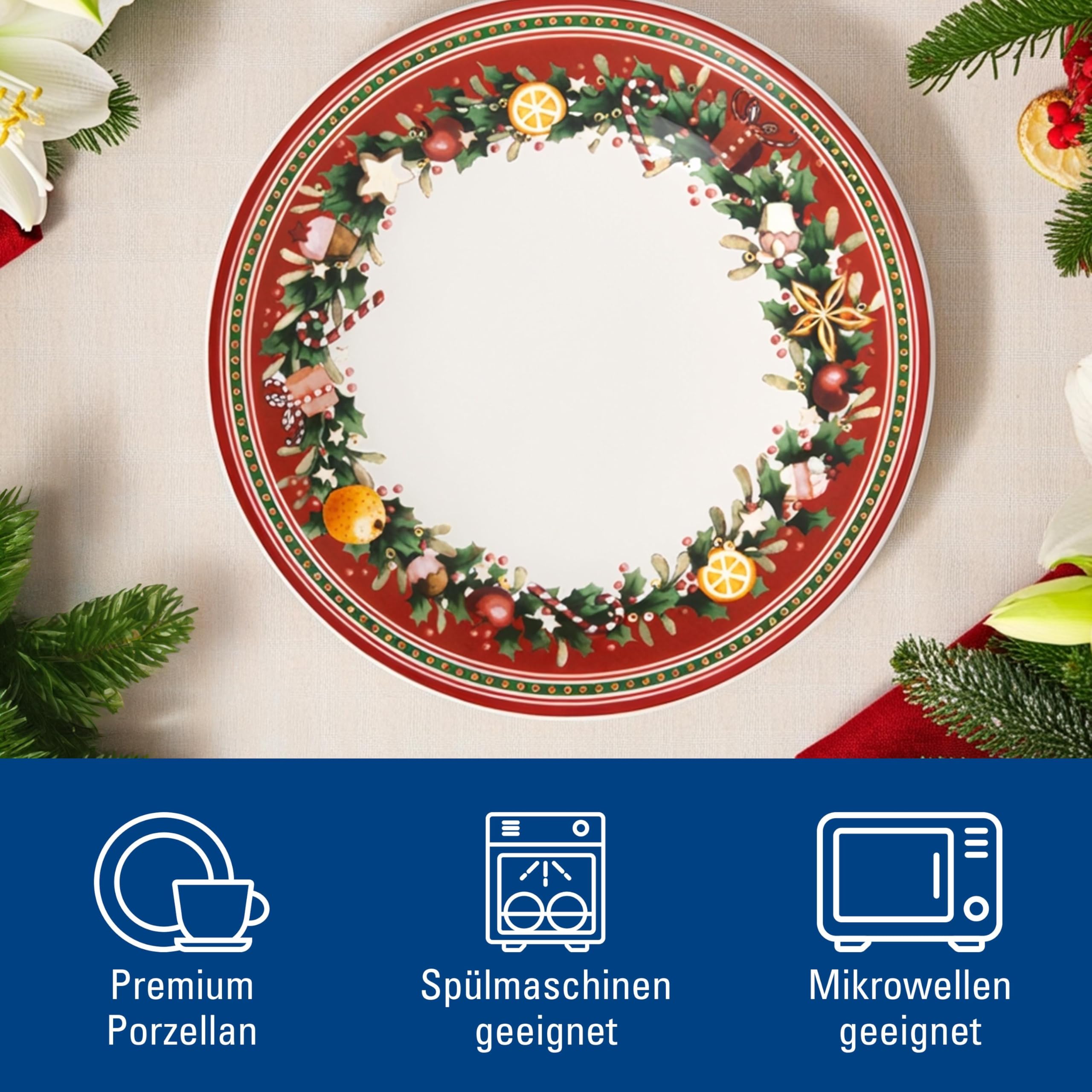 Villeroy & Boch - Winter Bakery Delight Speiseteller 27,5 cm Rot, Spülmaschinenfest, Mikrowellensicher, Weihnachtsgeschirr, Teller zum Servieren von Hauptgerichten, Weihnachten, Premium Porzellan