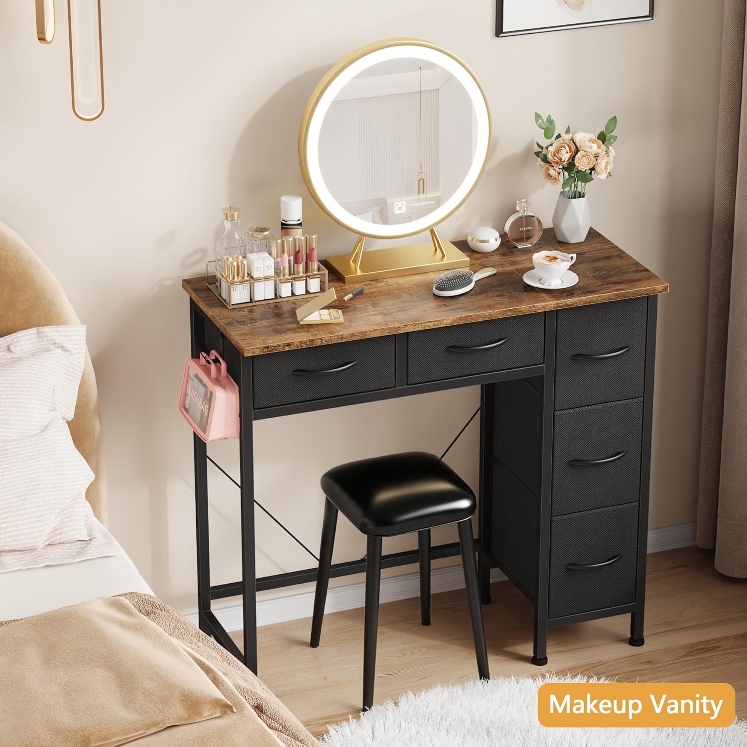 Small Desk with 5 Fabric Drawers, 33 Inch Writing Desk for Home Office, Simple PC Desks for Small Place, Kids Girls Teen Study Table Vanity for Bedroom, Dorm, Rustic Brown, 14" D