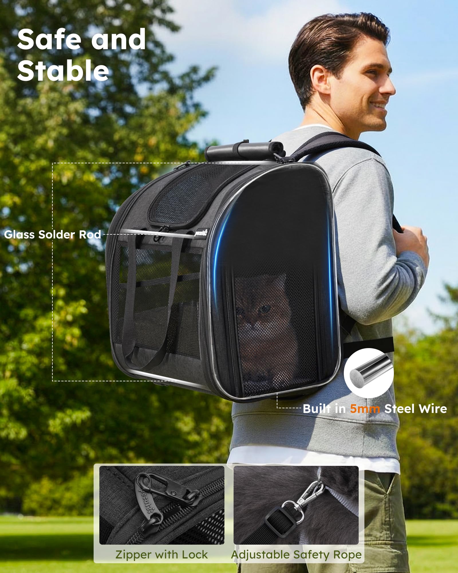 Pecute Zaino per Gatti & Cucciolo,con Disegno Ampliato e Design Ventilato, Pieghevole, con Cinghia di Sicurezza, Grigio Scuro