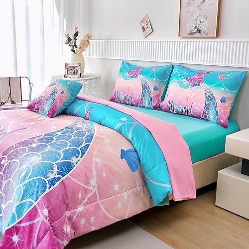 Miniatura 4 de RYNGHIPY Juego de edredón para niñas y niñas, 6 piezas, cama de sirena en una bolsa, tamaño matrimonial, juego de ropa de cama con estampado de cola