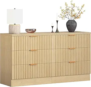 DWVO 6-Drawer Dressers, Chest of Drawers with Fluted Panel, Wide Versatile Storage Dresser Organizer for Living Room, Kitchen and Office, Natural, Upgraded