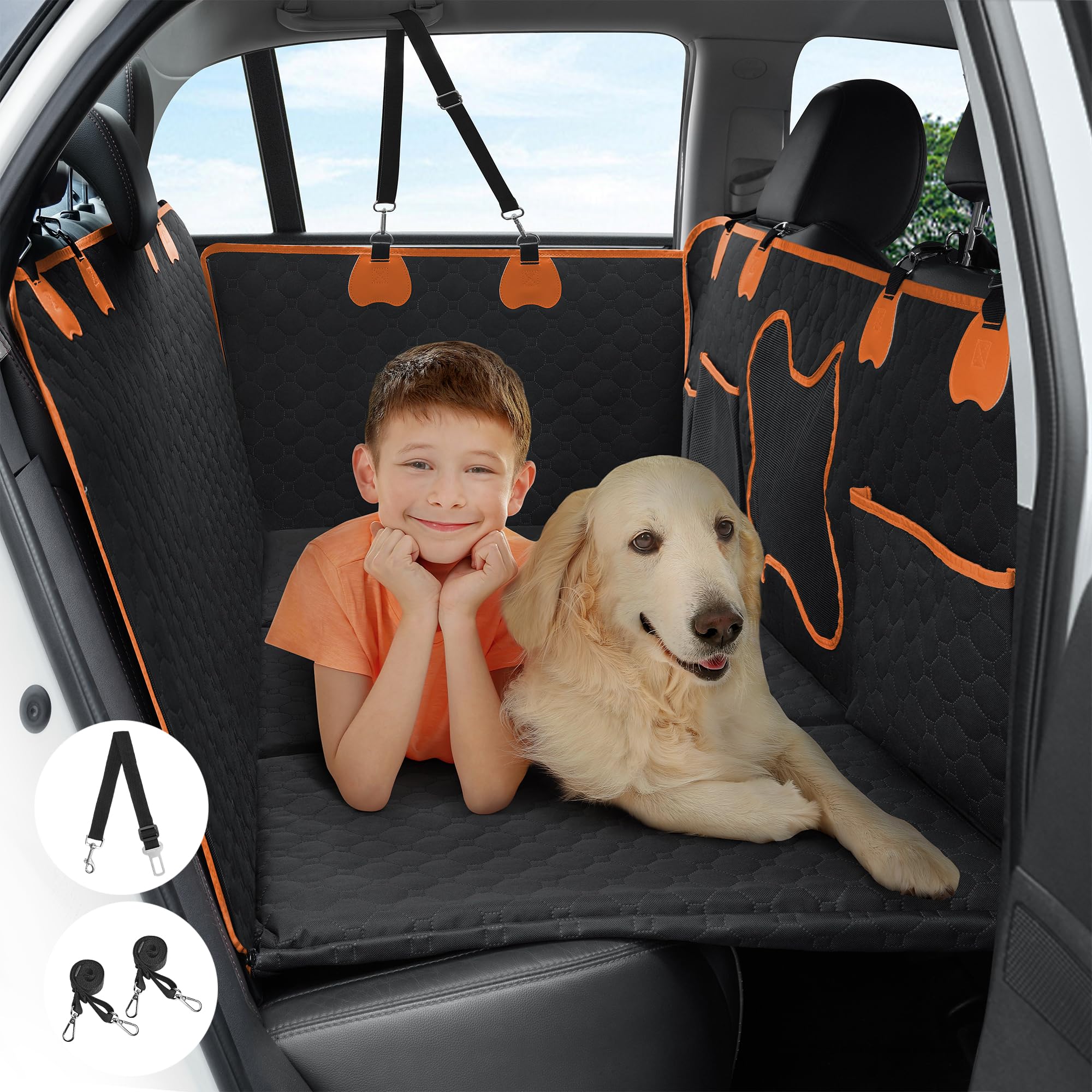 Rengue Back Seat Extender for Trucks Full Size SUV, Dog Car Seat Cover for F150, RAM1500, Silverado Waterproof with Mesh Window and Storage Pocket Dog Car Hammock (Black, L)