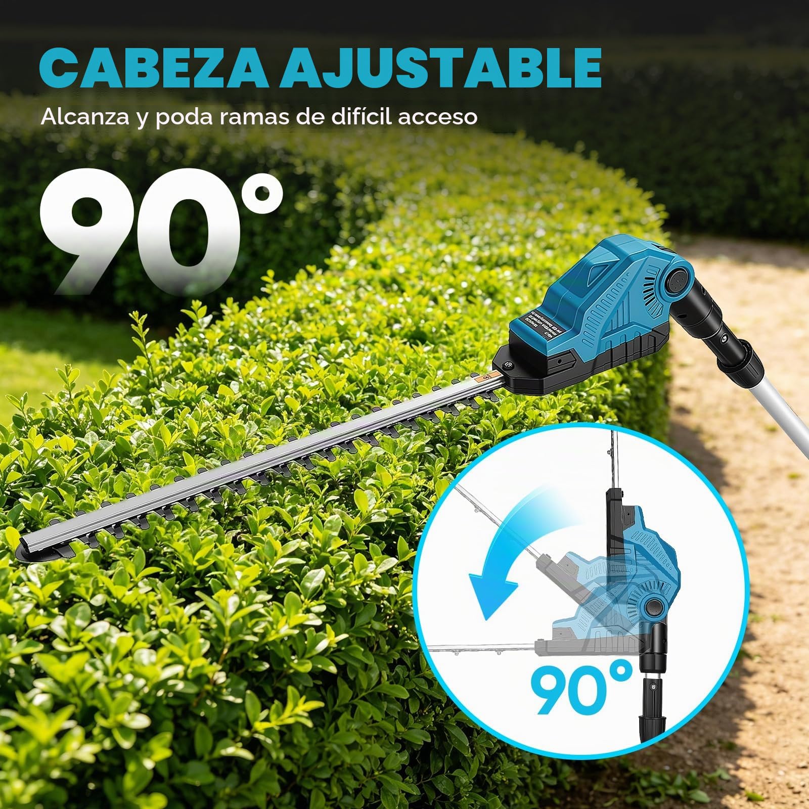 Cortasetos telescópico con batería de 2 x 2,0 Ah y cargador rápido, 550 W, 22000 rpm, hoja doble de 16 pulgadas, cabezal ajustable de 90°, 2,80 metros/9 pies de mango largo para el cuidado de arbustos