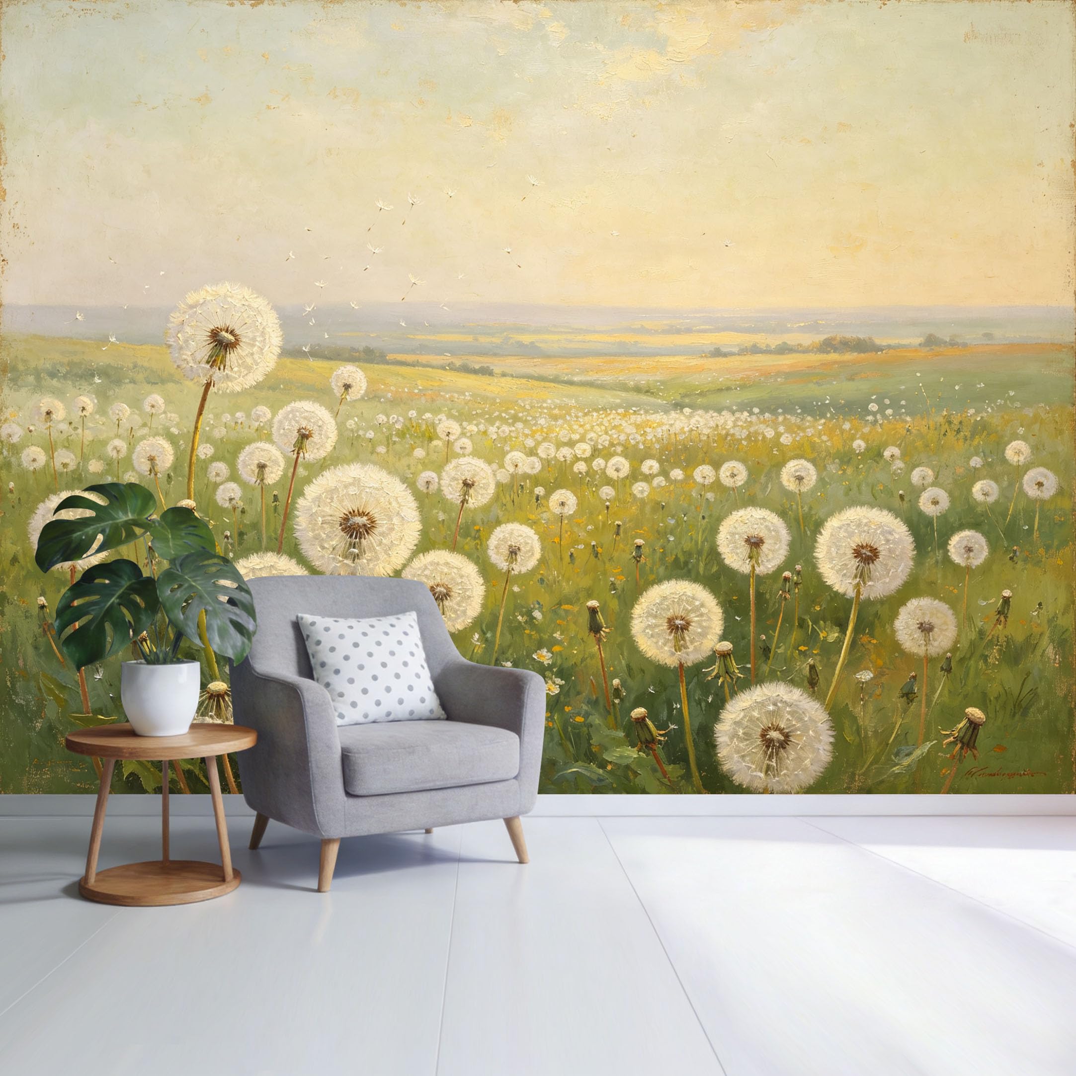 Custom Size Wall Mural Dandelion Meadow Landscape Golden Sunrise Field Botanical Oil Painting Style SelfAdhesive Wall Fabric Removable Wallpaper for Home Office Decor
