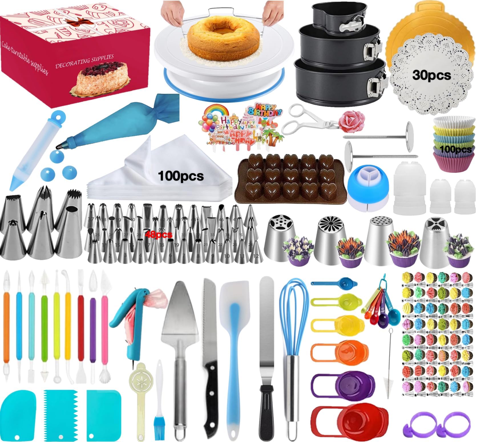 Satanyou Cake Decorating Supplies Kit, Baking Tools Set for Cakes – 3 Packs Springform Cake Pans Cake Rotating Turntable 48 Numbered Piping Icing Tips 4 Russian Nozzles for Beginners(390)