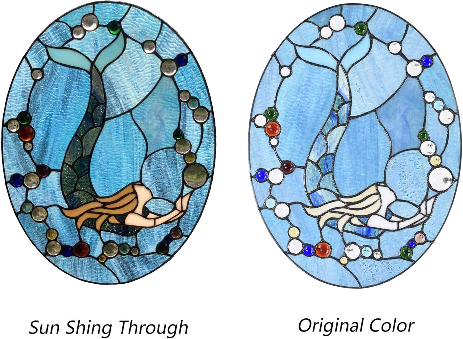 Bieye W10064 Mermaid Tiffany Style Stained Glass Window Panel with Chain, Oval Shape, 13”W x 18" H