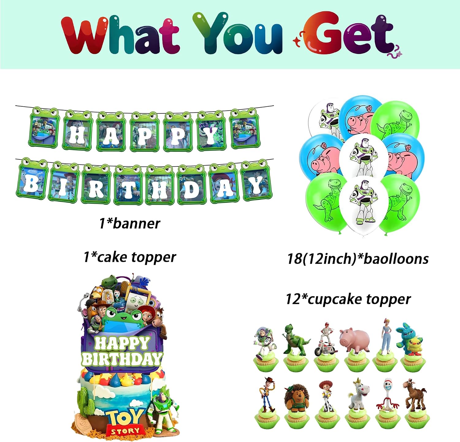 32 Pcs Toy Movie Story Birthday Decorations, Cute Cartoons Party Decorations, Includes 1 “Happy Birthday” Banner, 18 Balloons, 1 Cake Topper, and 12 Cupcake Toppers image 3