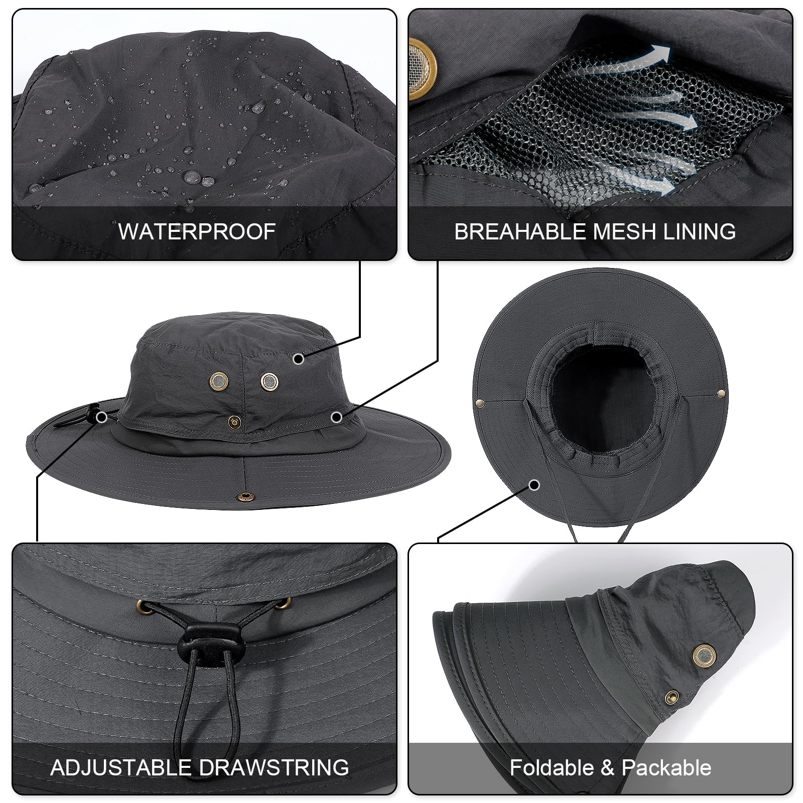 Cappello da Pescatore Taglie Forti XL XXL per Uomo, Tesa Larga Leggero Traspirante UV Cappelli da Sole Estiva, UPF50+ Impermeabile Asciugatura Rapida Pieghevole Bucket Hat Boonie Cappello Safari
