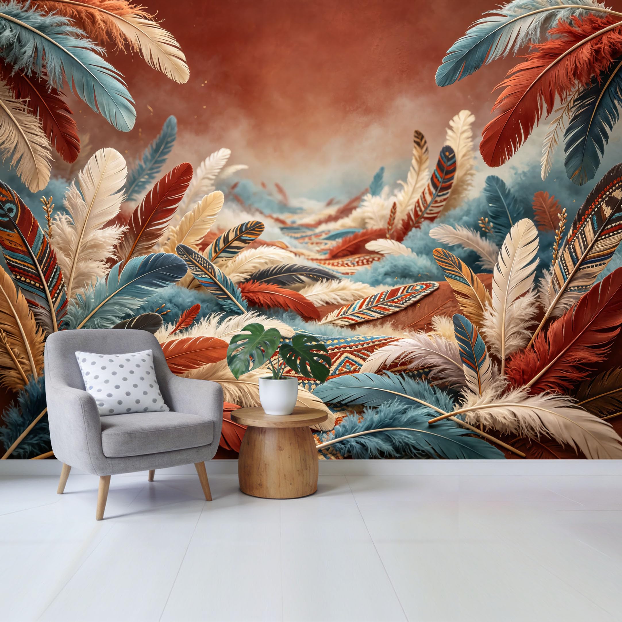 Qzlithotic Yq2605251147 Custom Size Wall Mural Bohemian Tribal Feather Pattern Rustic Western Decor Textured Watercolor Art Selfadhesive Wall Fabric Removable Wallpaper For Home Office Decor