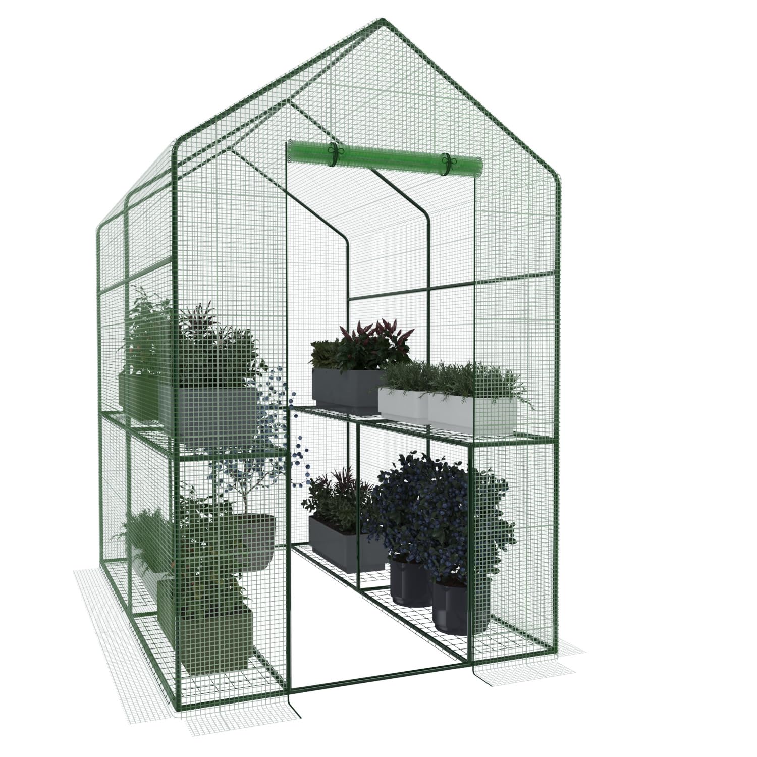 Serra Da Giardino Per Orto Con 4 Ripiani In Metallo Telaio In Acciaio Telo Retinato In Propilene Trasparente Porta Avvolgibile Apertura A Cerniera Protezione Piante Giardinaggio 186 x 120 x 190 Cm