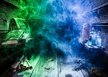 BELECO 7x5ft Fabric Chemistry Laboratory Backdrop Magical Witch Hut with Potions، Scrolls، Books، Blue Green Smoke Background Halloween Lab زينة حزب Mad Science Backdrop Banner Photo Props