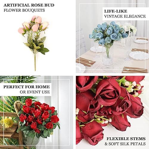 Miniatura 4 de Efavormart - Paquete de 3 ramos de rosas artificiales de tacto real burdeos de 13 pulgadas, arreglos florales de seda