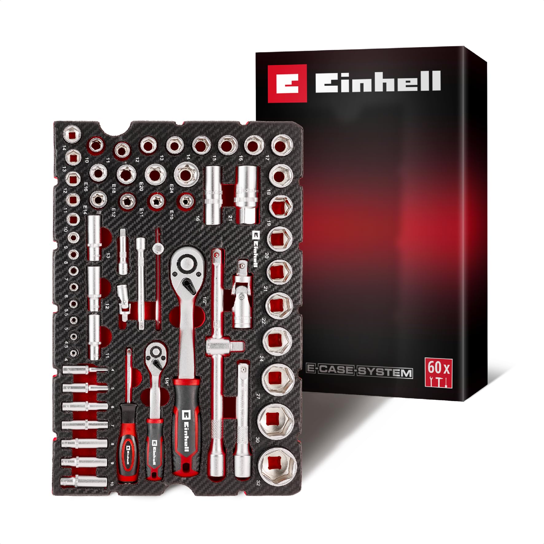 Original Einhell E-Case Pad 60-tlg. Stecknüsse und Ratschen (Umschaltknarren, Zündkerzeneinsätze, Stecknüsse, Stecknuss-Verlängerungen, Kardangelenke, E-Case-System)