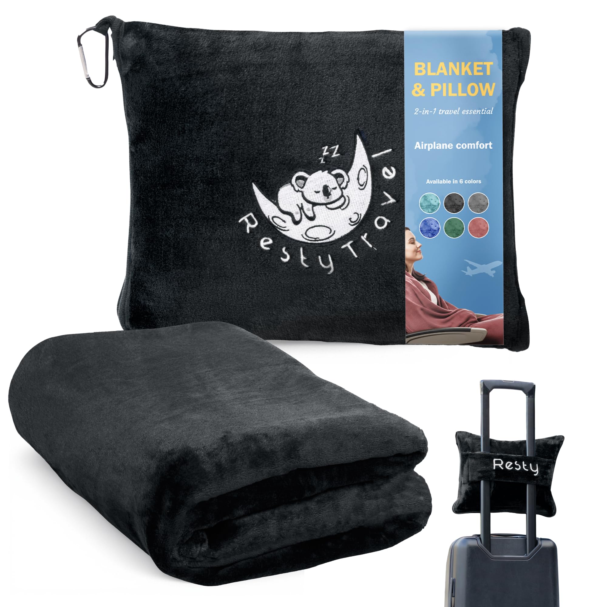 Resty 65"x40" Traveling Airplane Blanket, Onyx Black – Lightweight, Velvety Soft Blanket That Becomes a Travel Pillow – Must-Have Comfort for Planes &