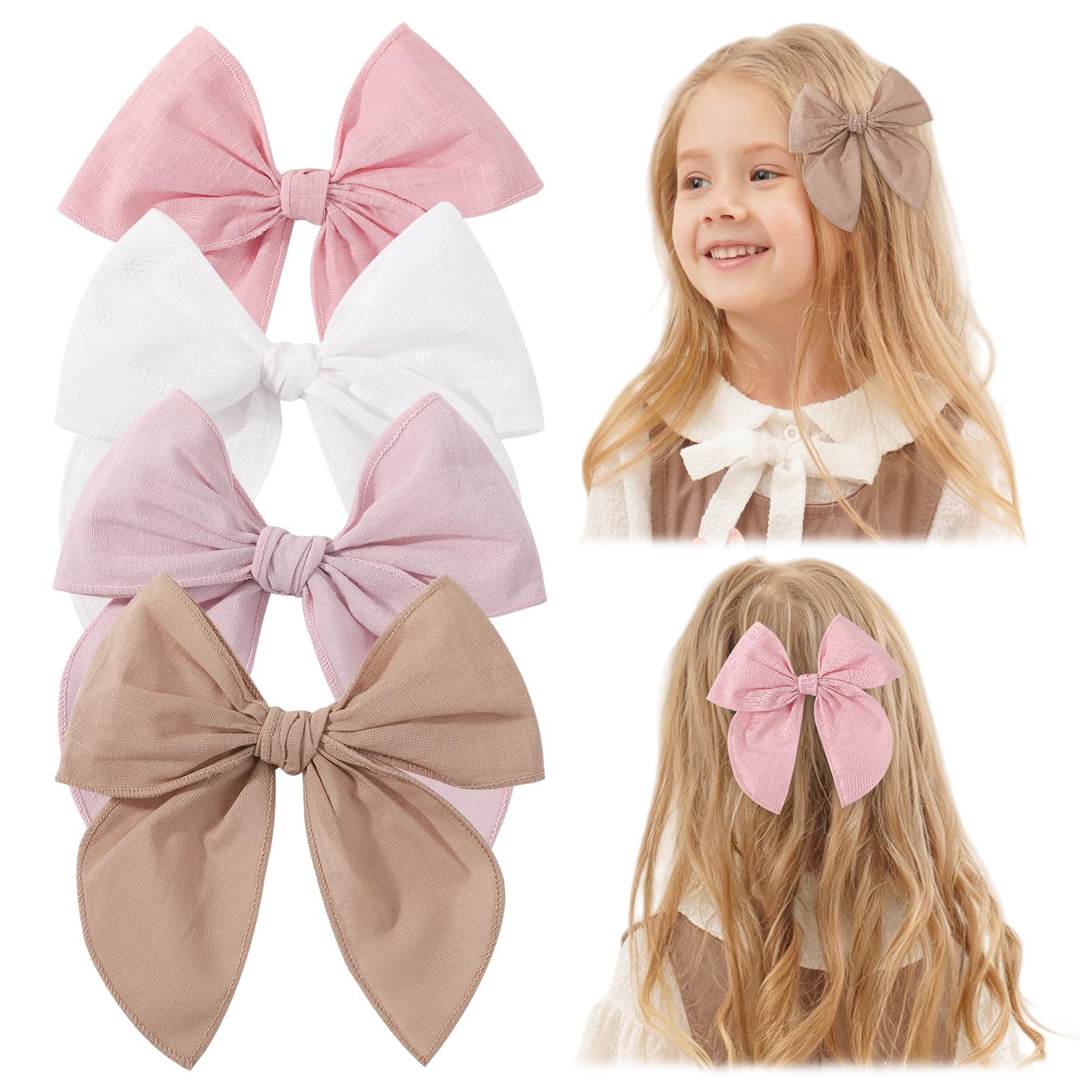 4PCS Baby Girls Hair Clips Fable Hair Bows Cotton Linen Bows for Girls Hair Accessories for Baby Toddlers Kids Women Pink White