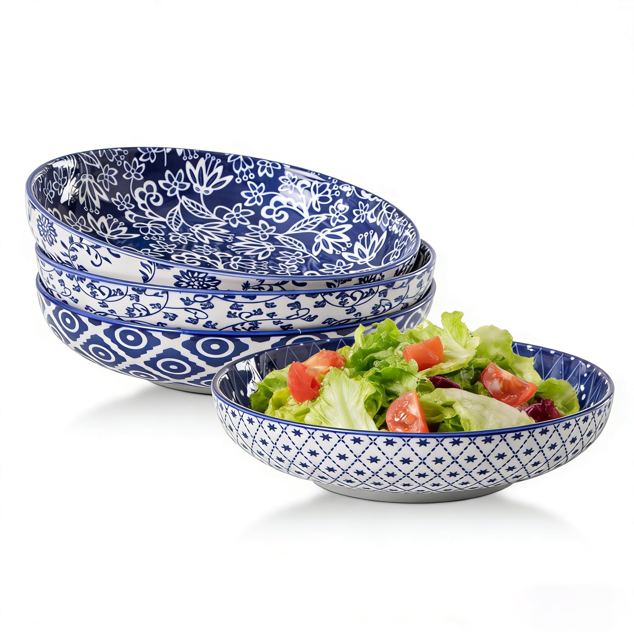 Pastaschüssel-Set aus Keramik, 900 ml, Porzellan, Servierschüsseln, Suppe, Müslischalen, 21,6 cm breit und flach, Mikrowellen- und spülmaschinenfest, Vintageblau, 4 Stück