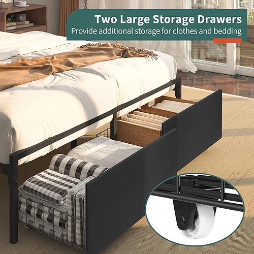 Miniatura 6 de Yoobure Base de cama Queen con cabecero, marco de cama de plataforma negra tamaño Queen, marcos de cama resistentes con 2 cajones de almacenamiento,
