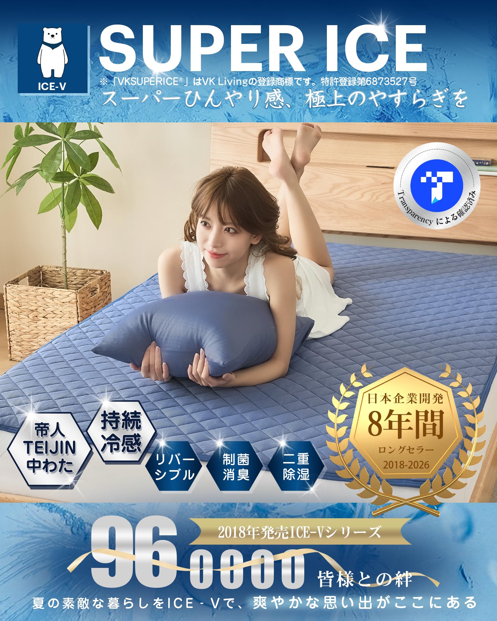 VK Living 敷きパッド 夏用 シングル リバーシブル 【SUPER ICE】 冷感持続 帝人TEIJIN中綿使用 しきぱっと 7層構造 24時間持続制菌消臭 ひんやり 二重除湿速乾 シーツ オールシーズンで使える 洗える ベッドパッド 防ダニ 100×200cm ネイビー - 2