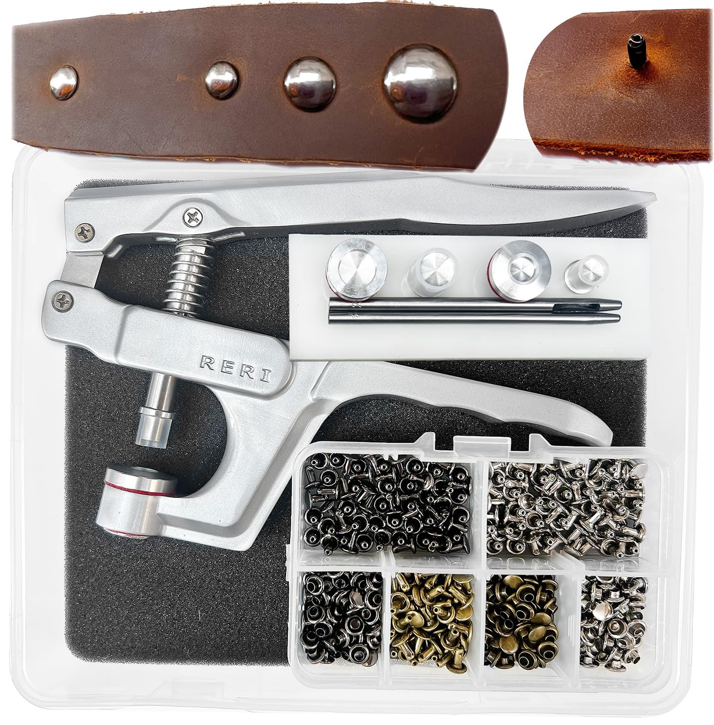 Leder Nieten Set mit Zange, Adapter für 3 Nietengrößen Metall Doppelkappe Druckknöpfe für DIY Handwerk Reperatur nähen, Handgemacht, DIY Kleidung