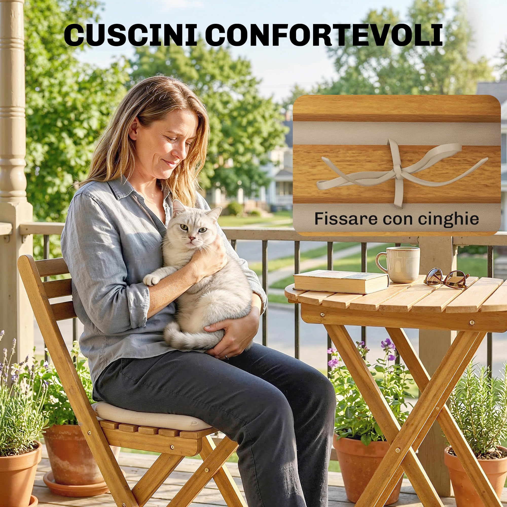 Outsunny Set da Bistrò da 3 Pezzi Pieghevole in Legno di Acacia, Set da Giardino con 2 Sedie, Tavolino, 2 Cuscini, Schienale a Doghe, Set di Mobili da Giardino per Patio Balcone Terrazzo, Color Legno