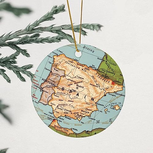 Adorno de Navidad con mapa de España, adorno de árbol de Navidad, destino de 3.2 pulgadas, dos lados impresos con cuerda dorada, adorno moderno para